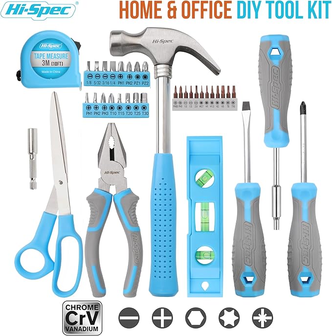 Hi-Spec Tool Set, Blue Household Starter Set with Tool Box, Car ToolKit, Tools for Home Office Dorm Room Essentials, Easy to Carry and Store