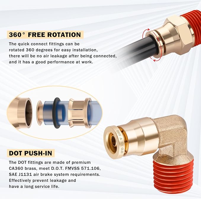 CheeMuii 76 PCS Brass DOT Air Line Fittings with 100FT 1/4" and 50FT 3/8" Red DOT Air Lines Kit Push Lock Air Line Quick Connect Fittings with Pneumatic Tubing Set