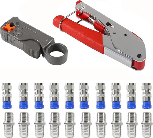 DIANN Coax Cable Crimper Coaxial Compression Tool Kit Wire Stripper with with 5pcs RG6 F Type Connector and 5pcs RG6 Coax Cable Extender (22pcs)