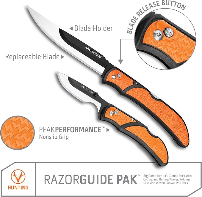 OUTDOOR EDGE RazorGuide Pak with Zip Pro & 12 Extra Blades | Hunting Knife Set Features Two Replaceable Blade Hunting Knives, Bone Saw, and Zip Pro Gutting Blade (Black Guide Pack Pro)