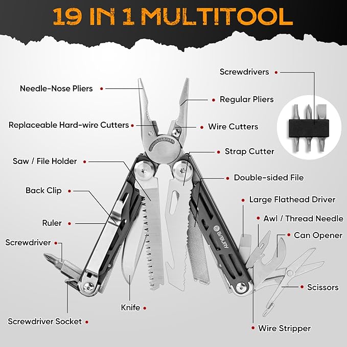 BIBURY Multitools BI2038C,19-in-1 Stainless Steel Pocket Knife with Scissors, Foldable Self-locking EDC Multi tools Pliers with Sheath for Outdoor Hunting Survival Camping Simple Repair