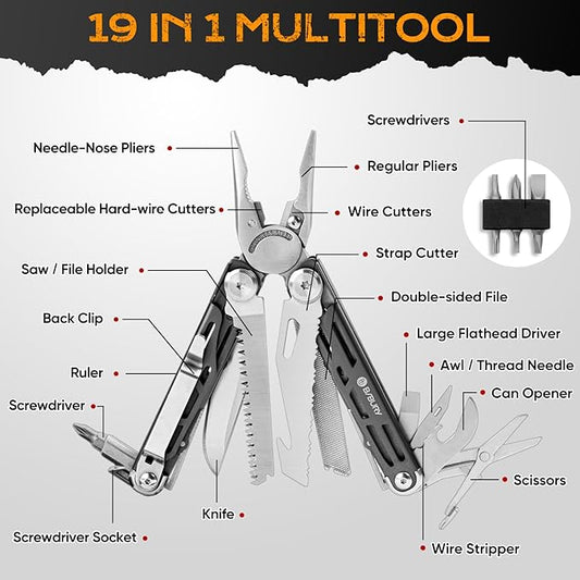 BIBURY Multitools BI2038C,19-in-1 Stainless Steel Pocket Knife with Scissors, Foldable Self-locking EDC Multi tools Pliers with Sheath for Outdoor Hunting Survival Camping Simple Repair