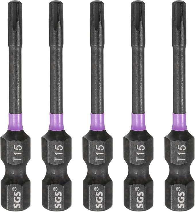 HARFINGTON 5pcs T15 Torx Head Impact Screwdriver Bits 1/4" Hex Shank 2" (50mm) Long Magnetic No Hole Tamper Proof 6 Point Star Screw Driver Drill Bits Phosphate S2 Steel Power Tools