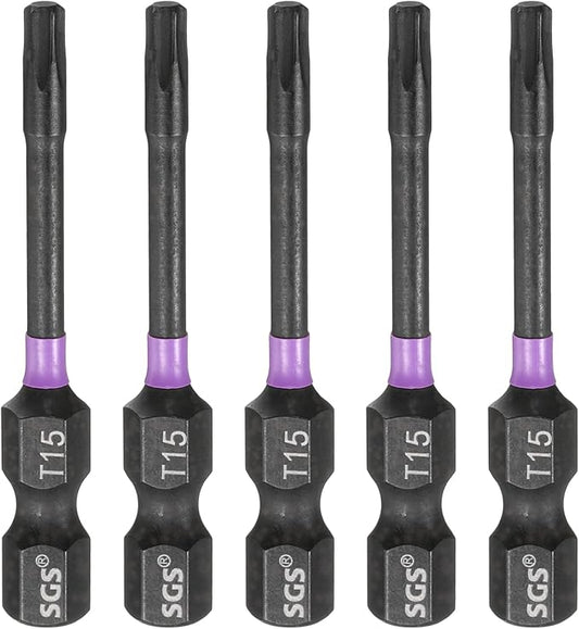 HARFINGTON 5pcs T15 Torx Head Impact Screwdriver Bits 1/4" Hex Shank 2" (50mm) Long Magnetic No Hole Tamper Proof 6 Point Star Screw Driver Drill Bits Phosphate S2 Steel Power Tools