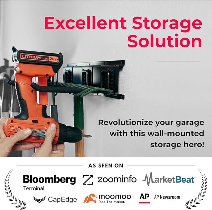 Heavy-Duty Garage Wall Storage System | Wall Mounted Tool Organizer Rack with Shelving | 10-Piece Mounting Kit | Includes 4x8.5??Adjustable Hooks & 2x16.5??Floating Utility Shelves
