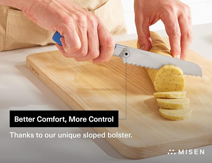 Misen Serrated Bread Knife - High-Carbon Japanese AUS8 Steel - Perfect for Soft Foods, Bread, Pastries, and Fruits - Verstatile Slicer, Razor-Sharp Edge, Durable Blade, Ergonomic Handle - 5", Blue