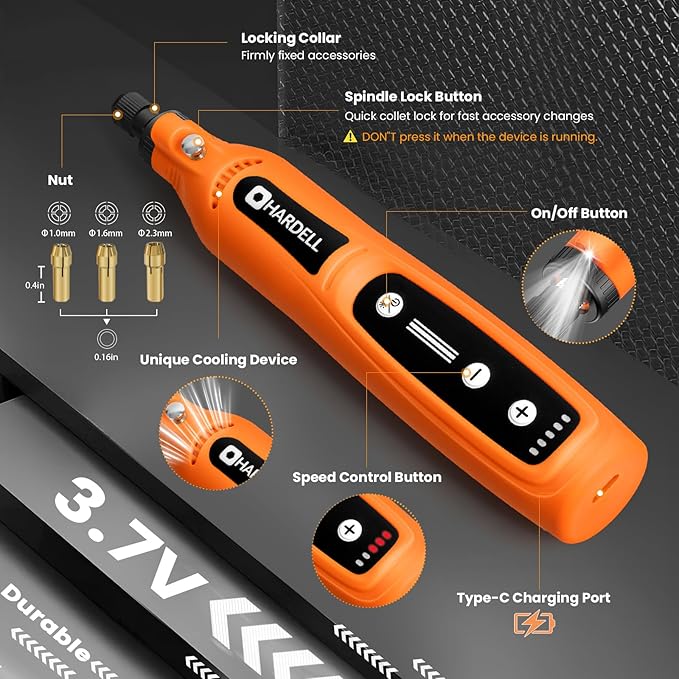 HARDELL Mini Cordless Rotary Tool Kit, 5-Speed and USB Charging with 69 Accessories, Multi-Purpose 4V Power Rotary Tool for Sanding, Polishing, Drilling, Etching, Engraving, DIY Crafts(Light Orange)