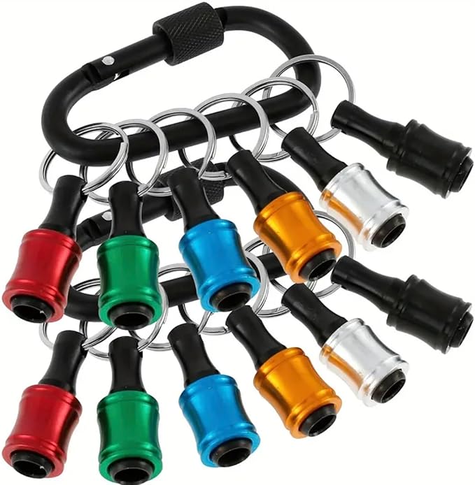 Bit Holder Keychain 12pcs - 1/4 inch Hex Shank Bit Holders - Quick Release Design for Nut Driver, Screwdriver & Drill Bits - Aluminum Alloy, Color Coded - Include 2 Keychain Carabiners