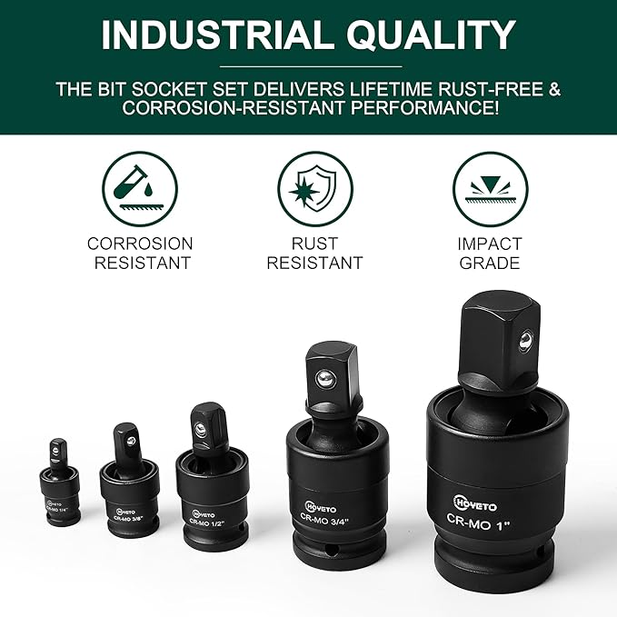 5-Piece Impact Swivel Socket Set (1/4" to 1"), Drive Swivel Socket Adapter Kit, Cr-Mo Steel Impact Adapter Set Flexible Socket Extension for Industrial Maintenance