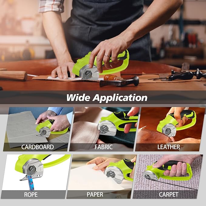 Cordless Electric Scissors, 4V Rechargeable Box Cutter & Cardboard Cutter with LED Light, Safety Lock - Rotary Cutter for Fabric, Leather, Carpet, Plastic, Crafting, Sewing with Storage Box (Green)