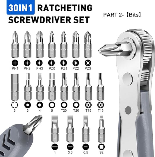 30in1 Right Angle Screwdriver, 36-Tooth Mini Ratchet Wrench, Angle Screwdriver for Tight Spaces, Low Profile Offset screwdrivers, Magnetic Ratchet Screwdrivers Repair Tool