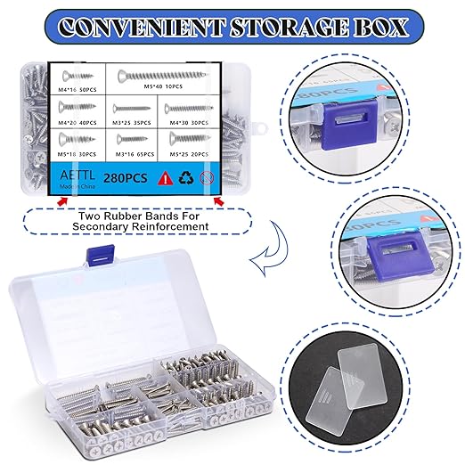 280PCS M5 M4 M3 Wood Screws Assortment Kit, Flat Head Stainless Steel Small Self Tapping Screw Assorted Set for Deck Door Cabinet