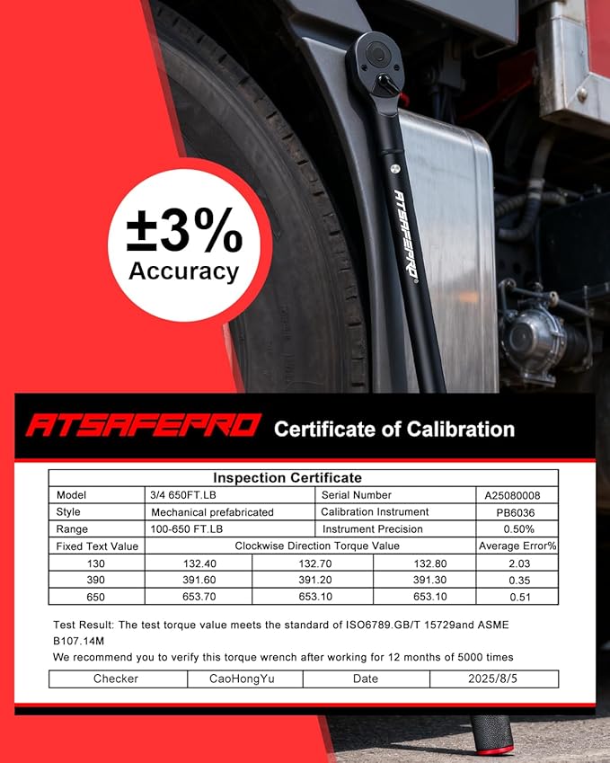 ATsafepro 3/4 Torque Wrench 100-650 Ft-Lb ??짹3% Accuracy, Reversible 48-Tooth Ratchet, Cr-V Steel, Dual Scale, 3/4" Drive Click Heavy Duty Precision Torque Wrench for Truck, RV, Heavy Equipment