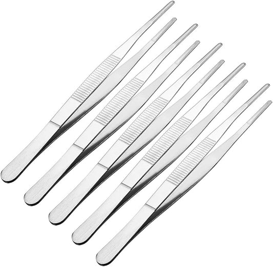 uxcell 5 Pcs 7-Inch Stainless Steel Straight Blunt Tweezers Serrated Tip Daily Garden Tool