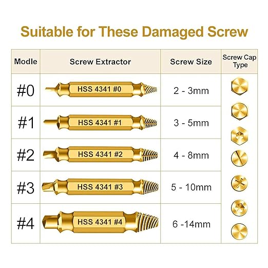 Professional Screw Extractor Set, 5-Piece HSS 4341 Double-Headed Drill Bits, Gold Titanium-Coated Steel, M3-M18 Size Range with Storage Case, for Damaged Screw Removal
