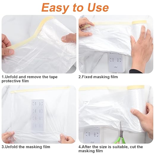 4 Rolls Painters Plastic with Tape, 8.9Ft x 89Ft Pre-Taped Masking Paper for Painting Automotive Masking Film Paint Adhesive Protective Film Roll for Painting Covering Walls Windows Auto Body