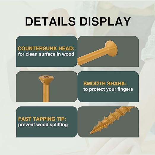 T.K.Excellent Deck Screws 2 Inch Wood Screws #8 x 2, 630 Pcs, Rust Resistant Structural Screw Fence Screw Torx Drive Screws, Two T20 Bits, Brilliant Yellow Ruspert Coating Rust Proof