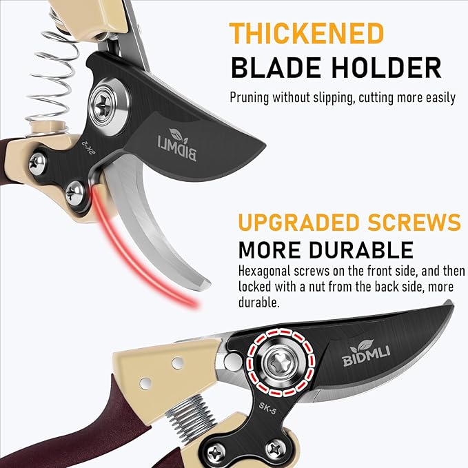 Heavy Duty Pruning Shears竊똆arden Scissors & Clippers with Red-BIDMLI 8.66" SK5 Steel Blades & Aluminum Alloy Handles, Tree Branch Cutter, Ideal for Thick Branches, Dry Twigs, Flower Pruning Tool.