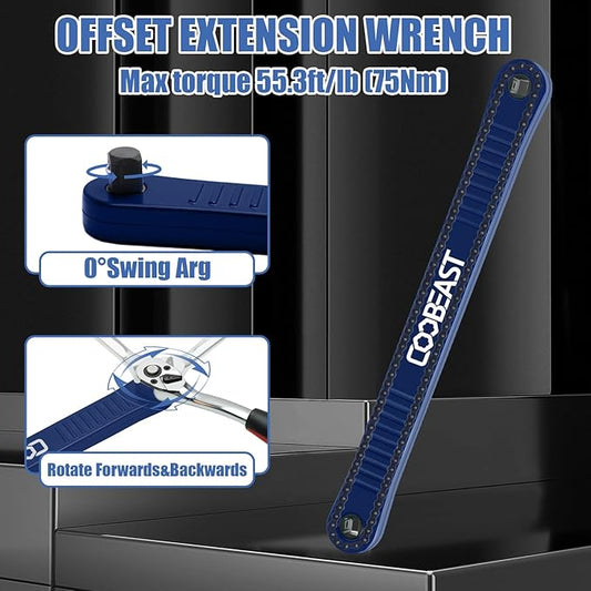 Offset Extension Wrench Impact Ready Socket Wrench Extender Tool with Versatile 1/4", 3/8", and 1/2" Square Drive Adapters, Universal Extensions Wrench for Small Place
