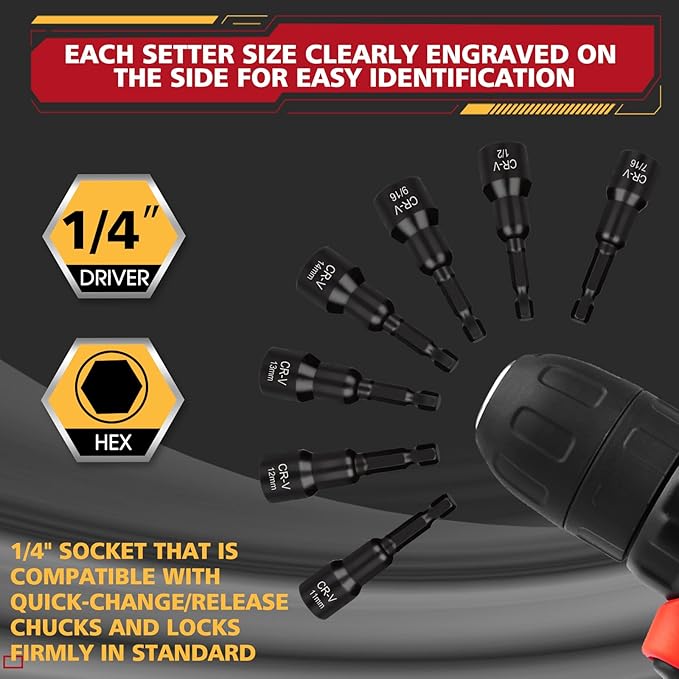 12-Piece Magnetic Nut Driver Set, Premium CR-V Steel Impact Power Hex Nut Driver Drill Bit Master Kit with Case, SAE(1/4"-9/16") & Metric(8mm-14mm) Size, 1/4??Quick Install & Release