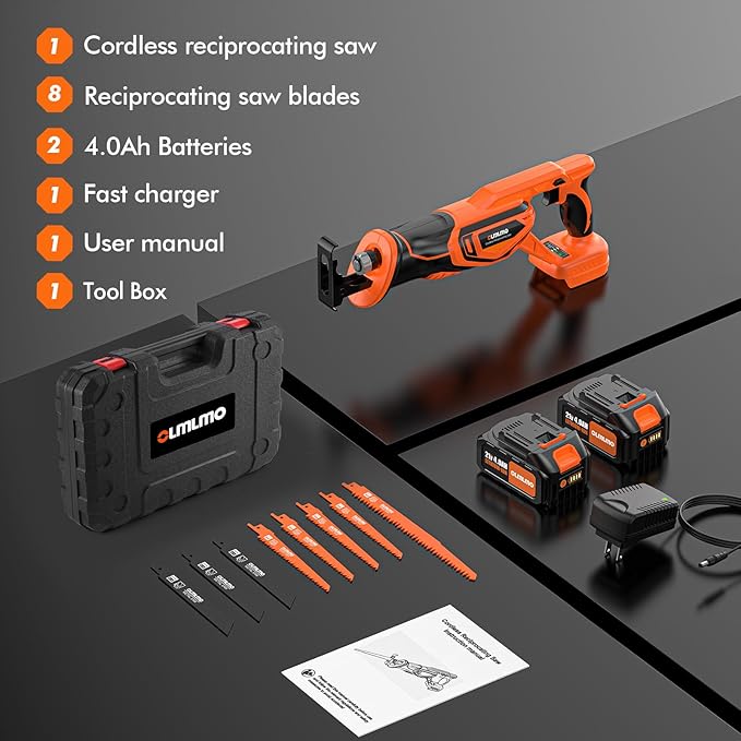 Reciprocating Saw Cordless with 8 Blades: 2 x 4.0Ah Battery, Brushless Motor 3300 RPM, Cordless Reciprocating Saw Kit for Wood PVC Metal Tree Bone Cutting DIY (Orange)