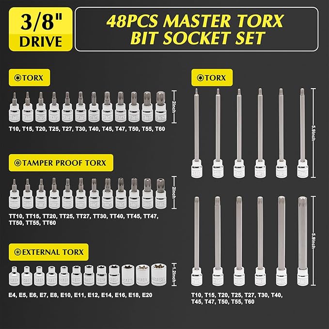 EMENTOL 48PCS 3/8"Dr. Master Torx Bit Socket Set, CR-V, S2 Steel, 5.9" Length Star Bit Socket Set, E4 -E20, T10-T60, TT10-TT60
