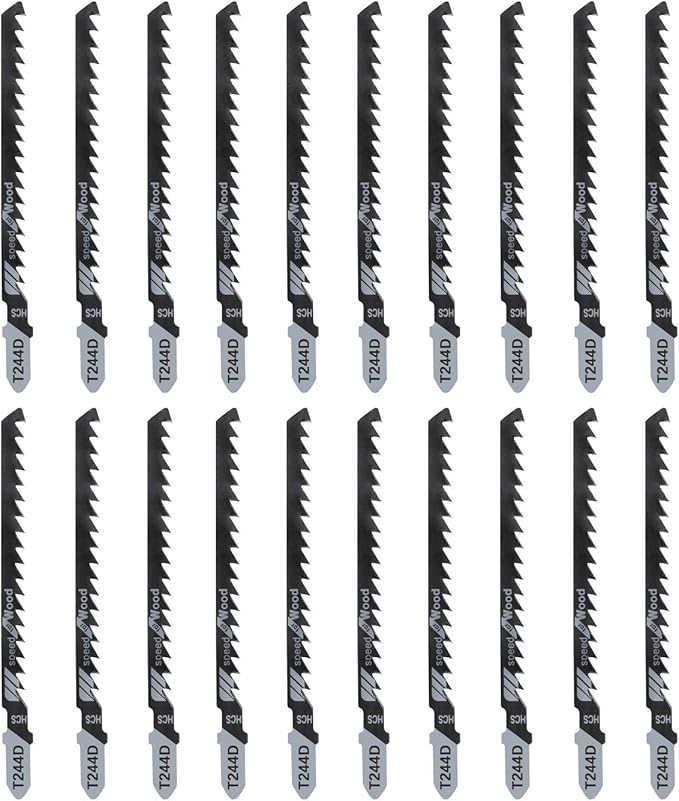 TAROSE 20-Piece T244D 4 Inch 6 TPI Assorted T-Shank Jig Saw Blades Set for Speed Cutting Wood, Scroll Cutting Wood