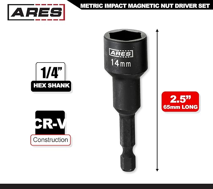 ARES 70029 - Metric Impact Magnetic Nut Driver Set - 2 1/2-Inch Impact Grade Nut Setter with Industrial Strength Magnet