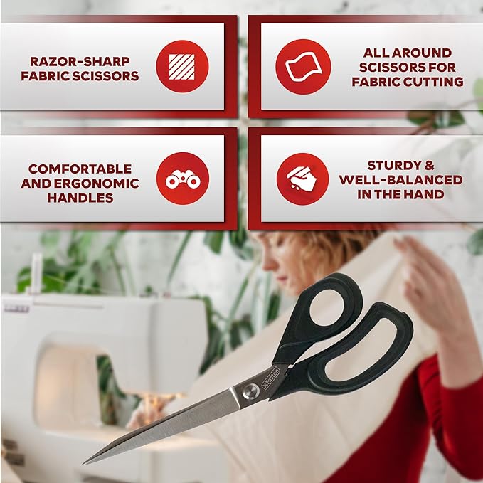 XFasten Sewing Scissors for Fabric Cutting Black 9.5 Inch Premium Professional Fabric Scissors Sewing | Large and Heavy duty
