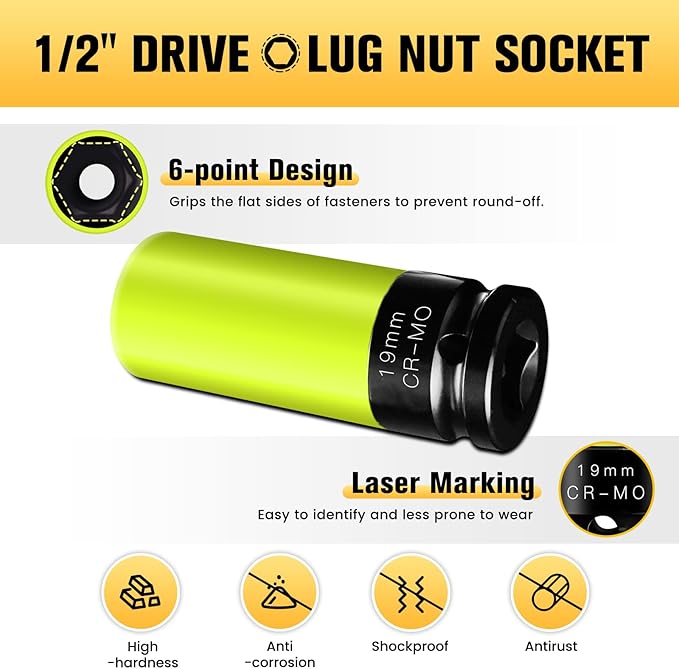 BOEN 19mm 1/2" Drive Wheel Protector Impact Socket, Non-Marring Lug Nut Thin Wall Deep Socket Set, Chrome-Molybdenum Steel, 6 Point, Color-Coded Protective Socket