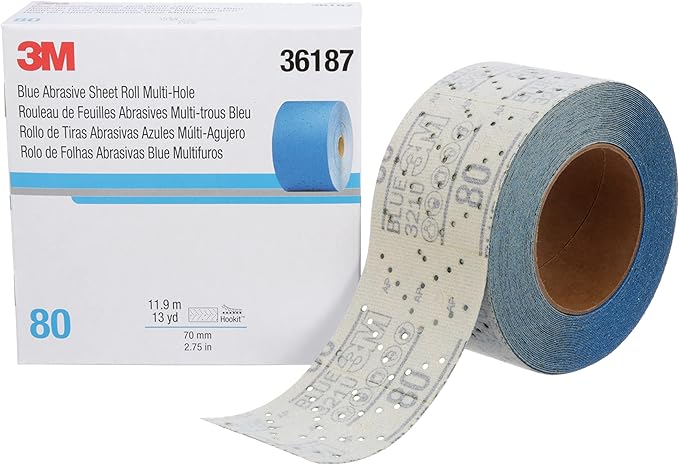 3M Hookit Blue Abrasive Sheet Roll, 36187, Multi-Hole, 2.75 in x 13 yd, 80+ Grade, Automotive Sanding Roll Sandpaper for Coating Removal, Body Repair, Auto Sanding