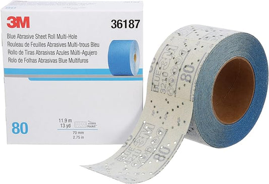 3M Hookit Blue Abrasive Sheet Roll, 36187, Multi-Hole, 2.75 in x 13 yd, 80+ Grade, Automotive Sanding Roll Sandpaper for Coating Removal, Body Repair, Auto Sanding