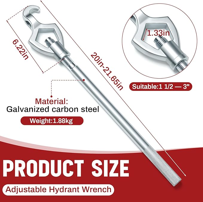 Tandefio 1 Pcs Fire Hydrant Wrench Adjustable, 1-1/2 to 3 20 Inch Multifunctional Hydrant Wrench for Tightening Fire Nuts Tightening Water Pipes, 3 Position Adjustable Nuts 1-1/2 to 3