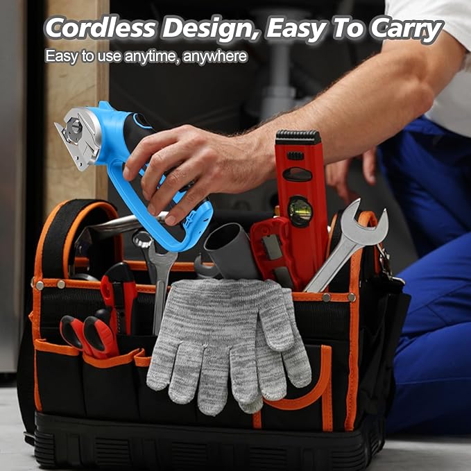 Cordless Electric Scissors, 4V Rechargeable Box Cutter & Cardboard Cutter with Titanium Blade, LED Light, Safety Lock - Rotary Cutter for Fabric, Leather, Carpet, Plastic, Crafting, Sewing (Blue)