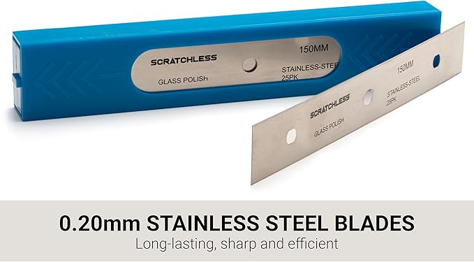 GLASS POLISH 6" (150mm) Pack of 25 Double-Edged Stainless Steel Blades, 0.20mm Laser Sharp Replacement Blades for SCRATCHLESS Scraper or Compatible Models - GP15043