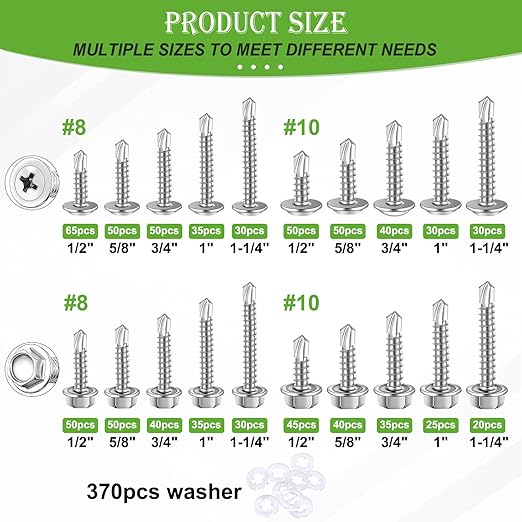 mxuteuk 1170PCS #8#10 Self Tapping Screws,410 Stainless Steel Self Drilling Screws for Metal,Truss Head & Hex Head 1/2" to1-1/4'' Self Tapping Screw for Plastic with 370PCS Washer