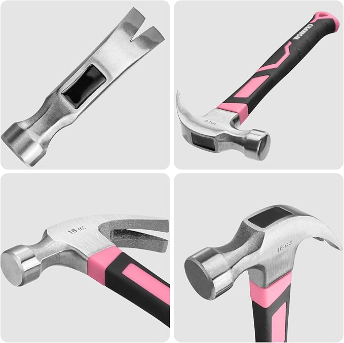WORKPRO 16 oz Claw Hammer with Fiberglass Handle, All Purpose Hammer with Forged Hardened Steel Head, Pink Ribbon