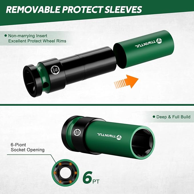 1/2" Wheel Protector Impact Socket Set, 5Pcs Non-Marring Lug Nut Socket Set, CR-MO Steel, 6-Point Thin Wall Deep Socket Set, Color-Coded Protective Sleeves- Metric 17 19 21 mm, SAE 13/16 7/8"