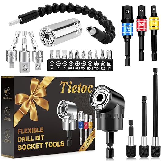 Tietoc Stocking Stuffers for Men, 22PCS Flexible-Drill-Bit-Extension Set Christmas for Men, 105째Right-Angle-Drill Attachment Socket Adapter Bendable Screwdriver Bit, Cool Gadgets Present Ideas Gifts