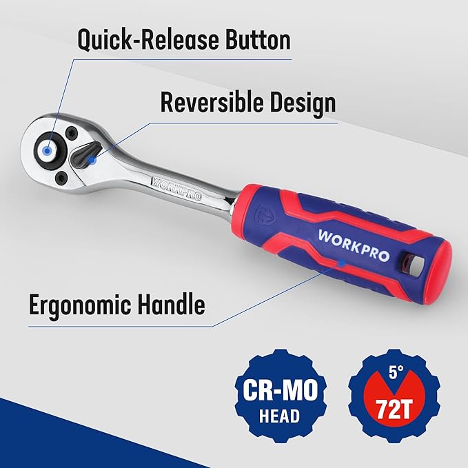 WORKPRO 1/2-Inch Drive Ratchet Wrench, 72-Tooth Reversible Ratchet, Quick-Release 1/2 Drive Ratchet Handle, CR-MO Head, Chrome Plated Finish