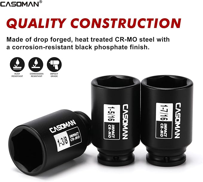 CASOMAN 10PCS 1/2" Drive Deep Spindle Axle Nut Impact Socket Set, 6-Point, Large Socket Set, SAE (1-1/16" to 1-5/8"), CR-MO