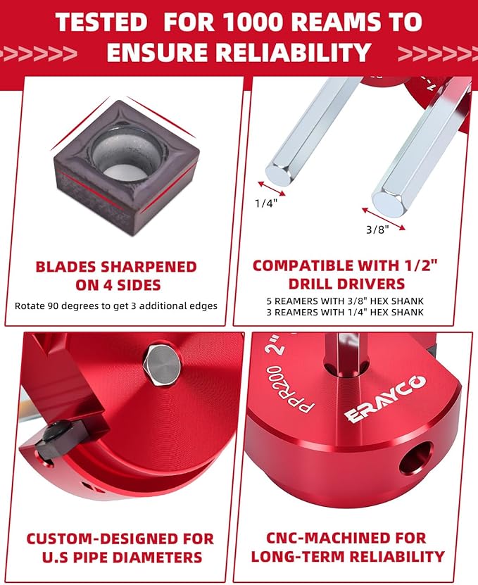 ERAYCO 8-Piece PVC Pipe Reamer Kit with 1/2", 3/4", 1", 1-1/4", 1-1/2", 2", 3", 4" Heads, 4-Sided Carbide Aluminum Fitting Saver, Plumbing Tools for Schedule SCH40 PVC, CPVC or ABS