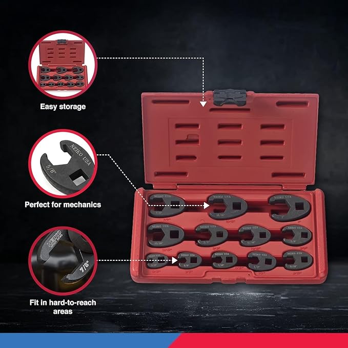 Neiko 03323A Crowfoot Wrench Set 1/2" and 3/8??Drive, 12 Piece, SAE Crows Foot Wrench Sizes 5/16??to 1?? Chrome-Moly Flare Nut Wrench Set