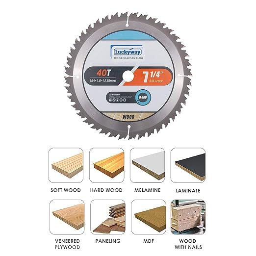 Luckyway 7-1/4 Inch Circular Saw Blade 40T Ripping/Crosscutting with 5/8 Inch Arbor TCT (Tungsten Carbide Tipped) Saw Blade for Cutting Wood