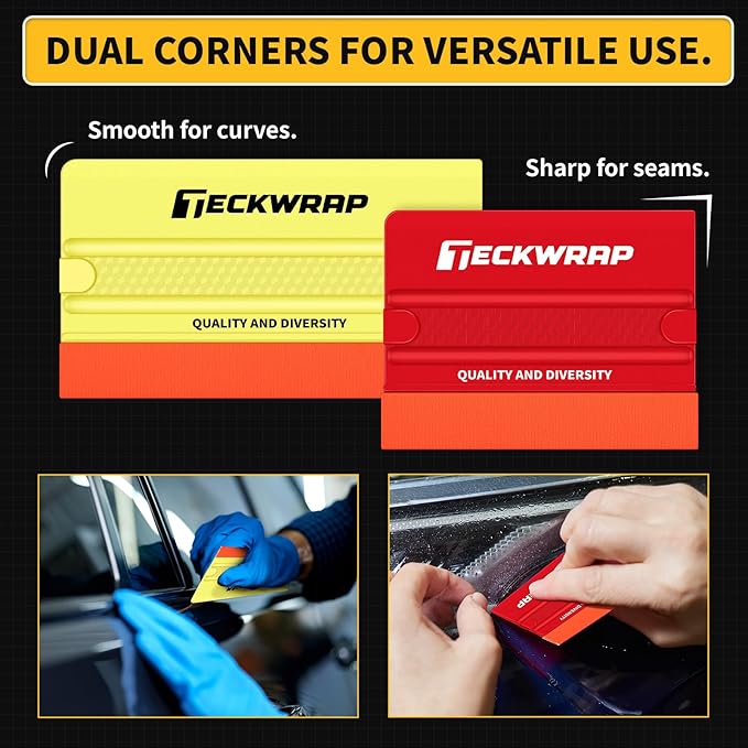 TECKWRAP Felt Squeegee for Vinyl Wrap, 2 Hardness Options Vinyl Scraper Tool with Anti-Slip Twin Ribs & Dual-Corner Design for PPF, Tint & Decals (Yellow 40A / Red 60A)