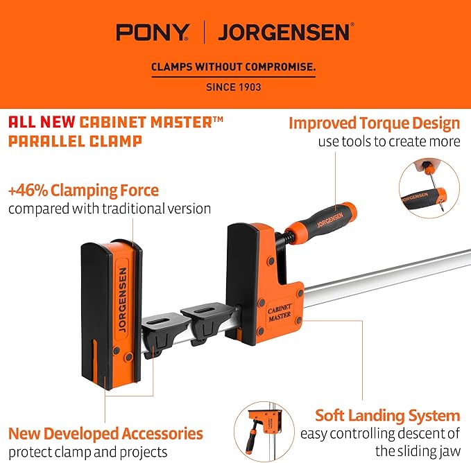 JORGENSEN 50-Inch Parallel Bar Clamp, Heavy-Duty Cabinet Master Clamp for Woodworking Glue-Up, 2200 lbs Force, Quick Release, Spreader Function, 2-Pack