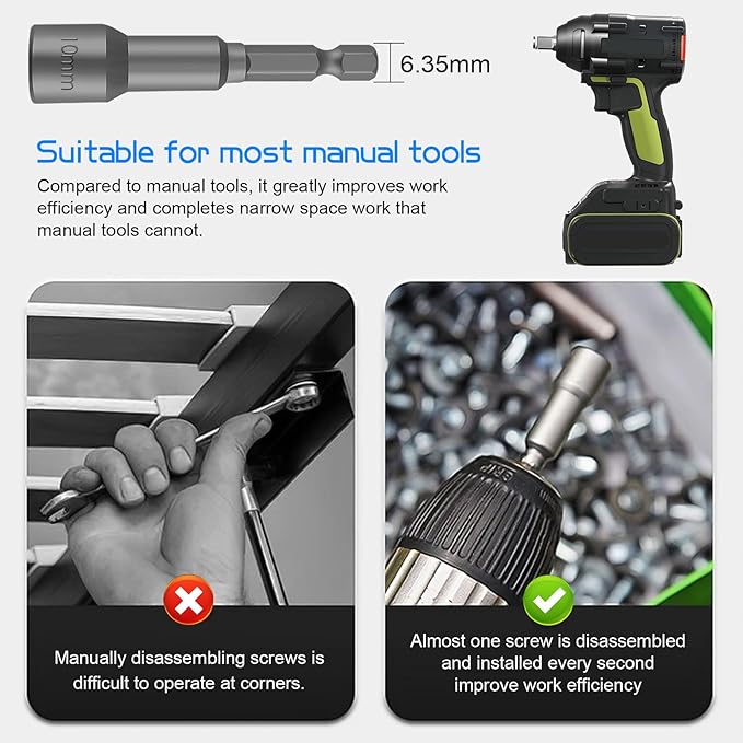 10-Piece Nut Driver Bit Set, 10mm 6-Point Socket 1/4" Hex Shank Nut Setter Drill Bits, Quick-Change Magnetic Extension Socket Drill Bit Holder, 1.89" Length, Metric