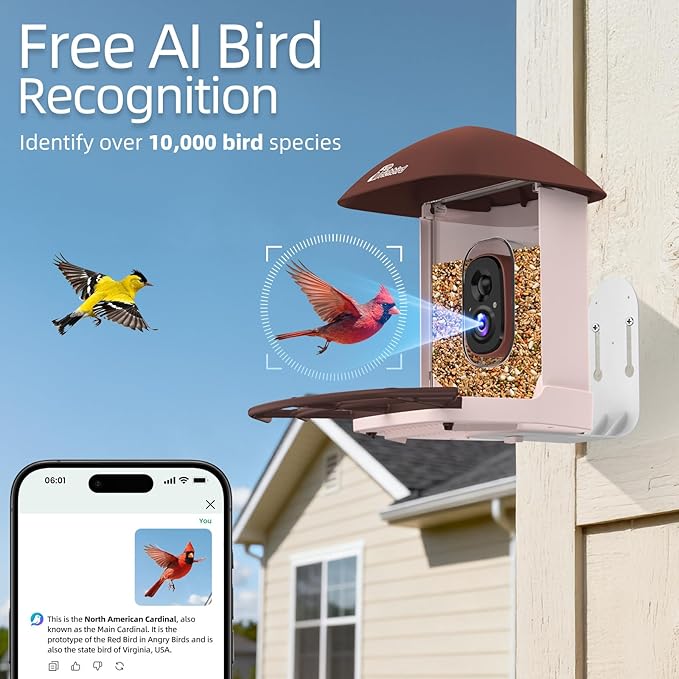 Upgraded Smart Bird Feeder with 2.5K HD Camera, Birdwatching Camera with AI Identify Birds for Outdoors, Squirrel Proof, Auto Video Capture & Instant Notifications, Brown
