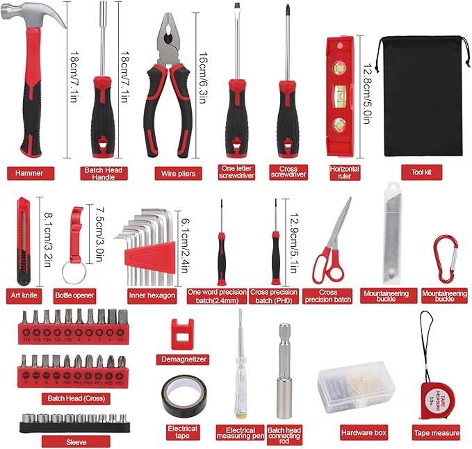 57-Piece Automotive and Household Tool Set - Tape Measure, Screwdrivers, Hammer, Pliers, Hexagon, Batch Head, Repair Hand Tools Perfect for Car Enthusiasts and DIY Home Repair