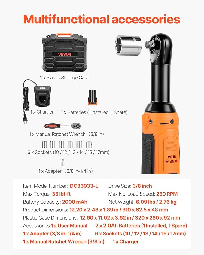 VEVOR Cordless Ratchet Wrench, 3/8 inch Drive, 230 RPM, up to 33 ft-lbs of Torque, Battery Powered Electric Ratchet Wrench Set with Two 2.0Ah Batteries, Charger, Sockets, Adaptor and Carrying Case